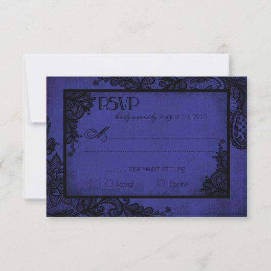 Royal Blue and Black Lace Gothic RSVP Card Karte (Vorderseite)