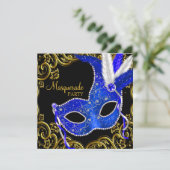 Royal Blue and Black Masquerade Party Einladung (Stehend Vorderseite)