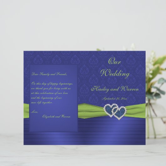 Royal Blue and Chartreuse Damask Wedding Program (Stehend Vorderseite)