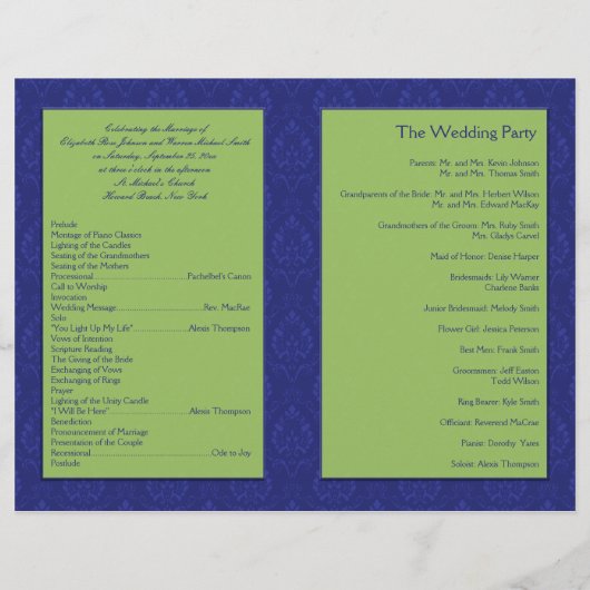 Royal Blue and Chartreuse Damask Wedding Program (Rückseite)
