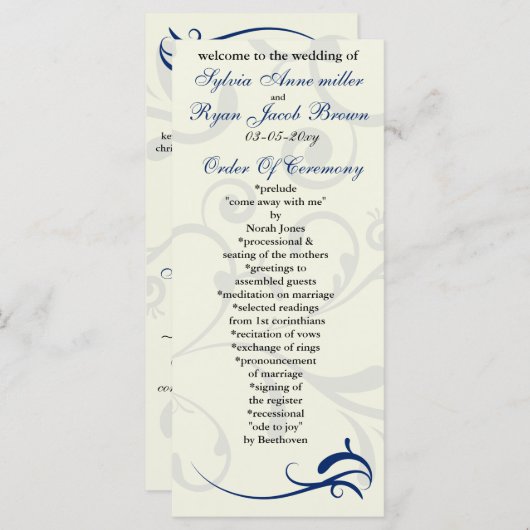 Royal Blue and Elfenbein Wedding Program Rack Card Programm (Vorne/Hinten)