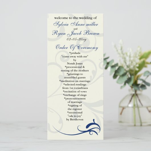 Royal Blue and Elfenbein Wedding Program Rack Card Programm (Stehend Vorderseite)