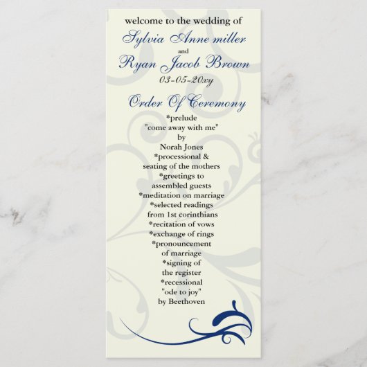 Royal Blue and Elfenbein Wedding Program Rack Card Programm (Vorderseite)