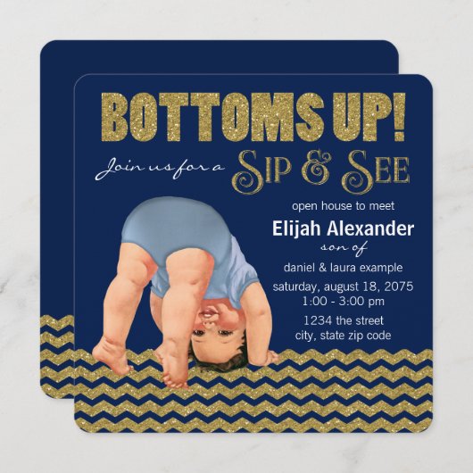 Royal Blue and Gold Boys Sip and See Einladung (Vorne/Hinten)