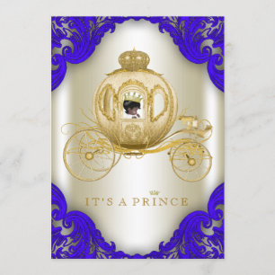 Royal Blue and Gold Carriage Prince Baby Dusche Einladung