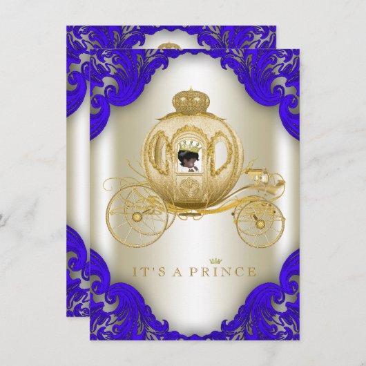 Royal Blue and Gold Carriage Prince Baby Dusche Einladung (Vorne/Hinten)
