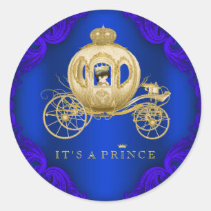 Royal Blue and Gold Carriage Prince Baby Dusche Runder Aufkleber