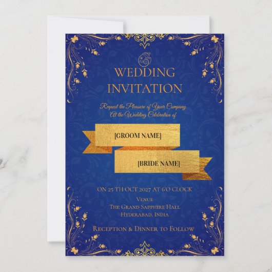 Royal Blue and Gold Corner Wedding Invitation | Einladung (Vorderseite)
