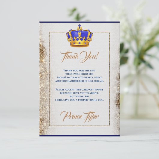 Royal Blue and Gold Crown Prince Baby Dusche Dankeskarte (Stehend Vorderseite)