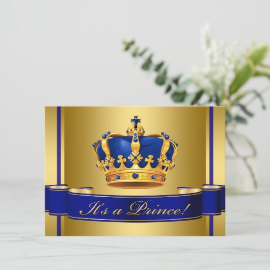 Royal Blue and Gold Crown Prince Baby Dusche Einladung (Stehend Vorderseite)