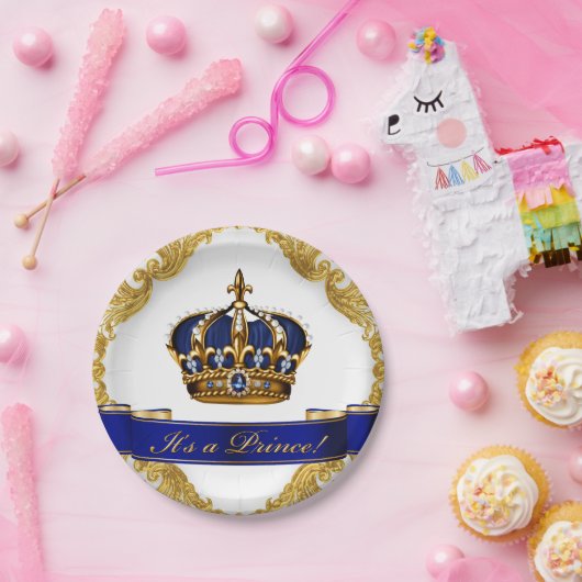 Royal Blue and Gold Crown Prince Baby Dusche Pappteller (Party)