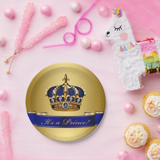Royal Blue and Gold Crown Prince Baby Dusche Pappteller (Party)