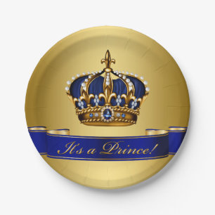 Royal Blue and Gold Crown Prince Baby Dusche Pappteller