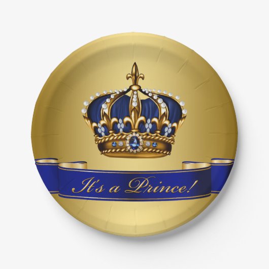 Royal Blue and Gold Crown Prince Baby Dusche Pappteller (Vorderseite)
