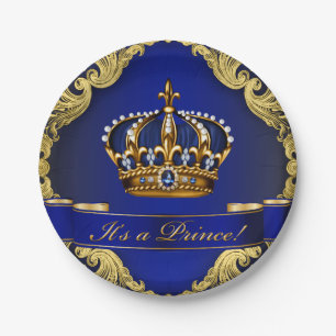 Royal Blue and Gold Crown Prince Baby Dusche Pappteller