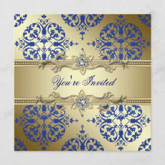 Royal Blue and Gold Damask Party Einladungen