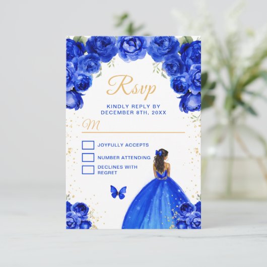 Royal Blue and Gold Dark Skin Princess RSVP Karte (Stehend Vorderseite)