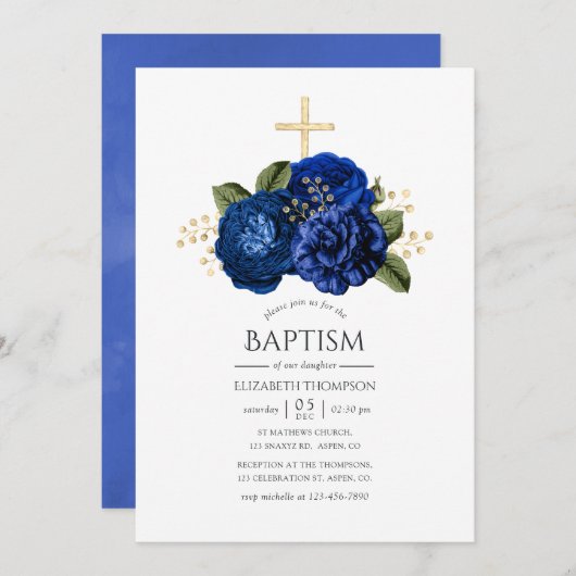 Royal Blue and Gold Floral Baptisse Einladung (Vorne/Hinten)