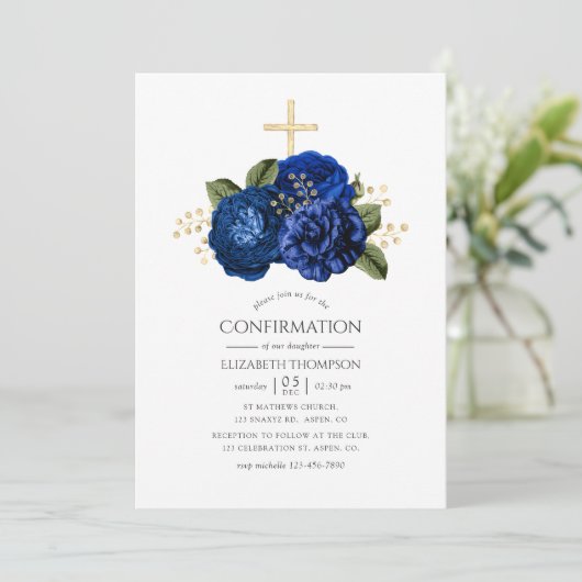 Royal Blue and Gold Floral Confirmation Einladung (Stehend Vorderseite)
