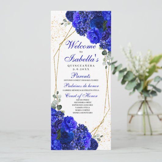 Royal Blue and Gold Floral Quinceanera Programm (Stehend Vorderseite)