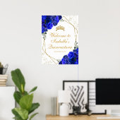 Royal Blue and Gold Floral Quinceanera Willkommen Poster (Heimbüro)