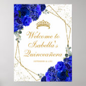 Royal Blue and Gold Floral Quinceanera Willkommen Poster (Vorne)