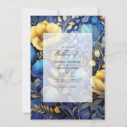 Royal Blue and Gold Floral Wedding Einladung (Vorderseite)