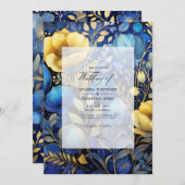 Royal Blue and Gold Floral Wedding Einladung (Vorne/Hinten)
