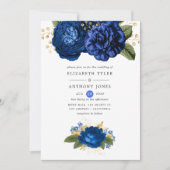 Royal Blue and Gold Floral Wedding Einladung (Vorderseite)