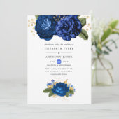 Royal Blue and Gold Floral Wedding Einladung (Stehend Vorderseite)
