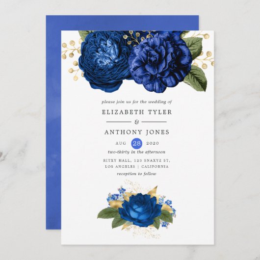 Royal Blue and Gold Floral Wedding Einladung (Vorne/Hinten)
