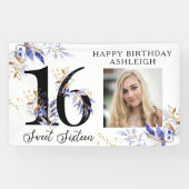 Royal Blue and Gold Foliage Sweet 16 Foto Banner (Horizontal)