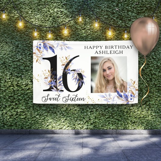 Royal Blue and Gold Foliage Sweet 16 Foto Banner