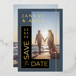 Royal Blue and Gold Foto Wedding Save the Date Folieneinladung