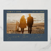 Royal Blue and Gold Foto Wedding Save the Date Folieneinladung (Vorderseite)