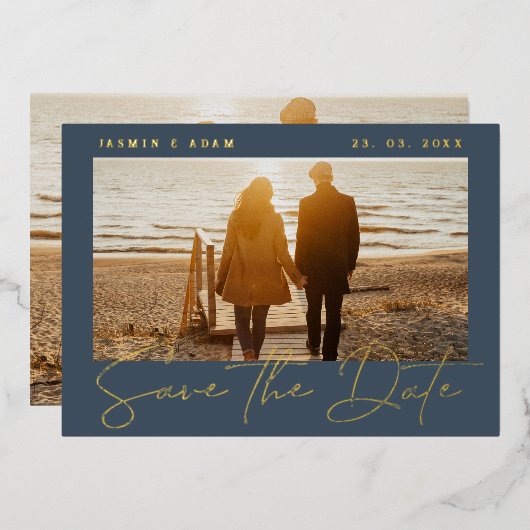 Royal Blue and Gold Foto Wedding Save the Date Folieneinladung (Vorderseite/Rückseite)