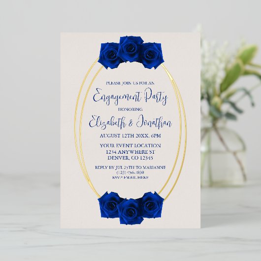 Royal Blue and Gold Geometric Engagement Party Folieneinladung (Stehend vorne)