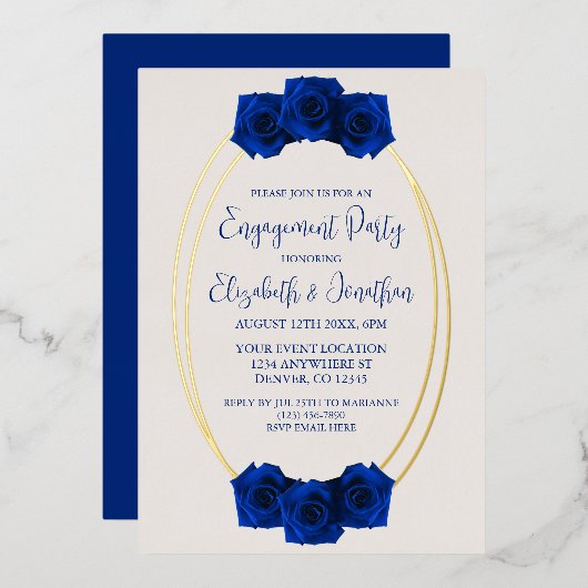 Royal Blue and Gold Geometric Engagement Party Folieneinladung (Vorderseite/Rückseite)