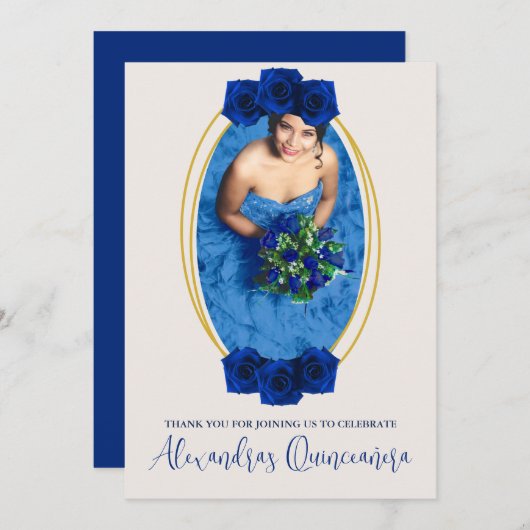 Royal Blue and Gold Geometric Quinceañera Dankeskarte (Vorne/Hinten)