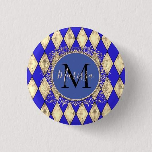 Royal Blue and Gold Glam Monogram Button (Vorderseite)
