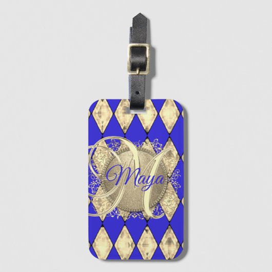 Royal Blue and Gold Glam Monogram Gepäckanhänger (Vorderseite Vertikal)