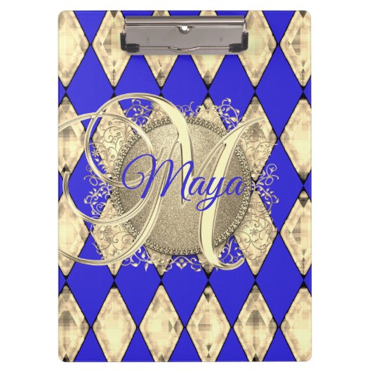 Royal Blue and Gold Glam Monogram Klemmbrett (Vorderseite)