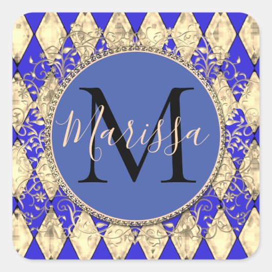 Royal Blue and Gold Glam Monogram Quadratischer Aufkleber (Vorderseite)