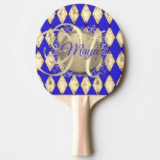 Royal Blue and Gold Glam Monogram Tischtennis Schläger (Vorderseite)