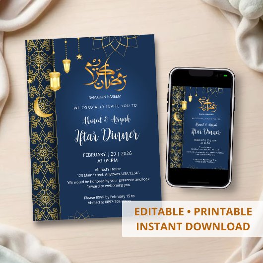 Royal Blue and Gold Islamic Floral Geometric Iftar Einladung