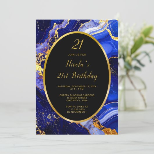 Royal Blue and Gold Marble Agate Birthday Party Einladung (Stehend Vorderseite)