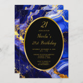 Royal Blue and Gold Marble Agate Birthday Party Einladung (Vorne/Hinten)