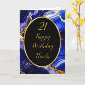 Royal Blue and Gold Marble Agate Birthday Party Karte (Gelbe Blume)