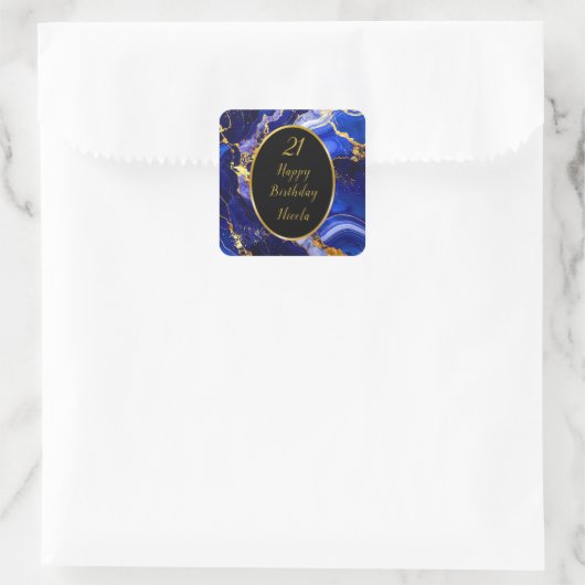 Royal Blue and Gold Marble Agate Birthday Party Quadratischer Aufkleber (Tasche)