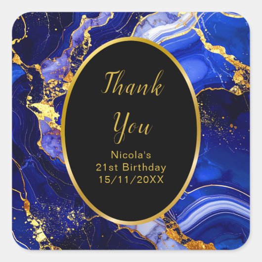 Royal Blue and Gold Marble Agate Birthday Party Quadratischer Aufkleber (Vorderseite)